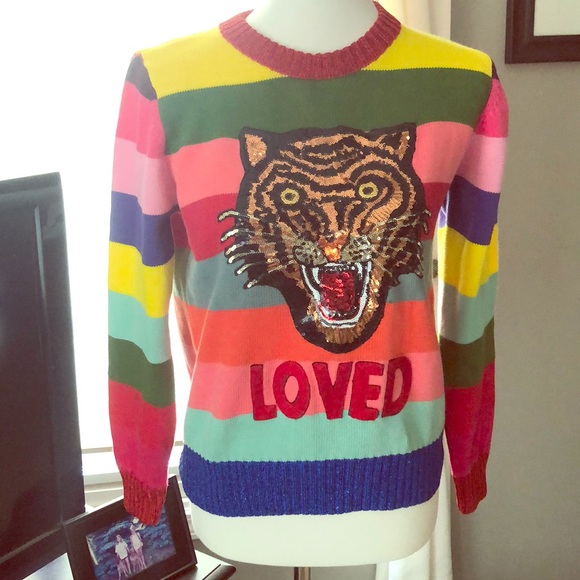 Vintage Sweaters - 3-Shun Brand Multi Colored Sequined Tiger Sweater